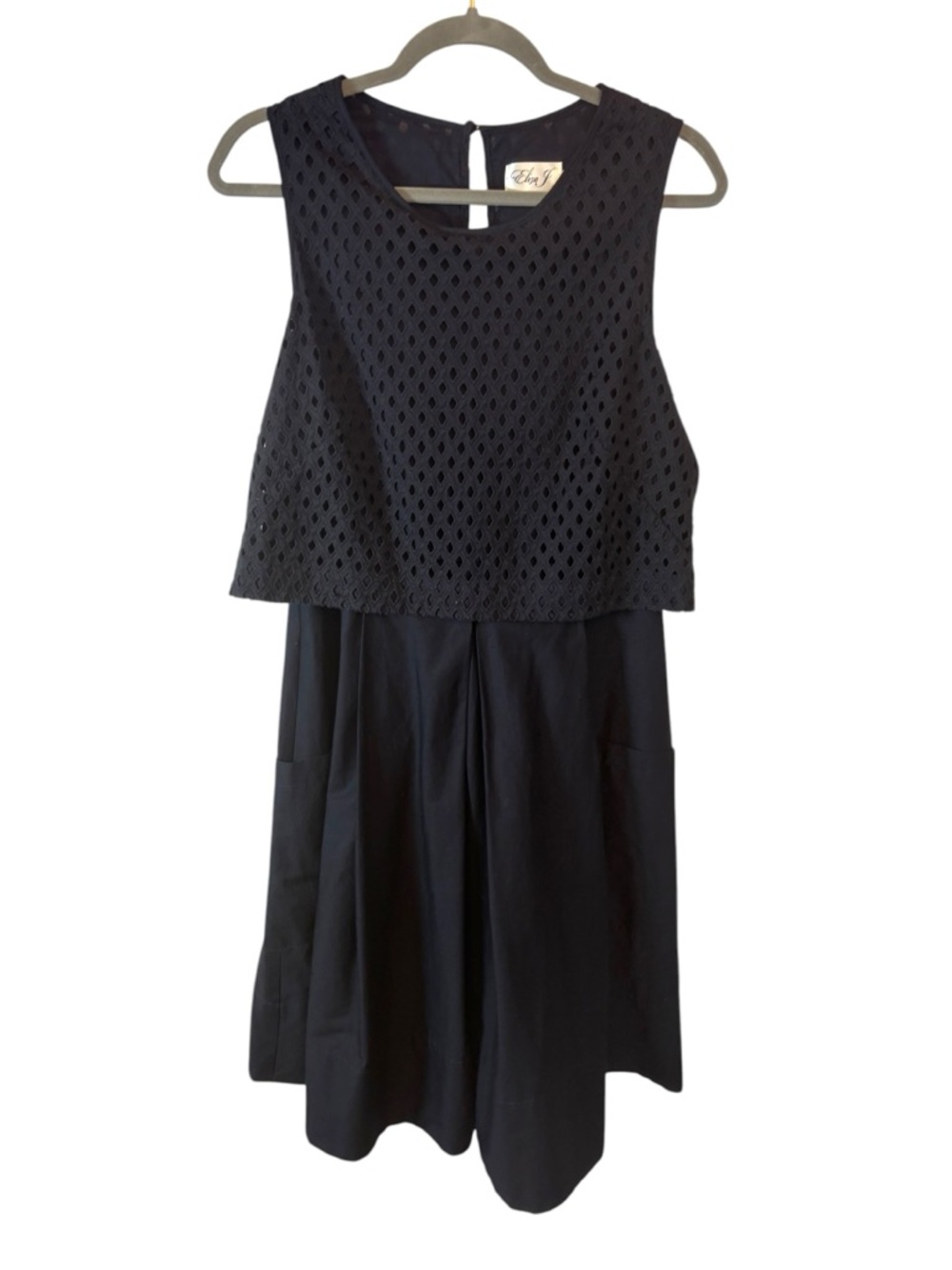 Eliza J Navy Blur Sleeveless Midi Dress with Eyelet Bodice and pockets size 12